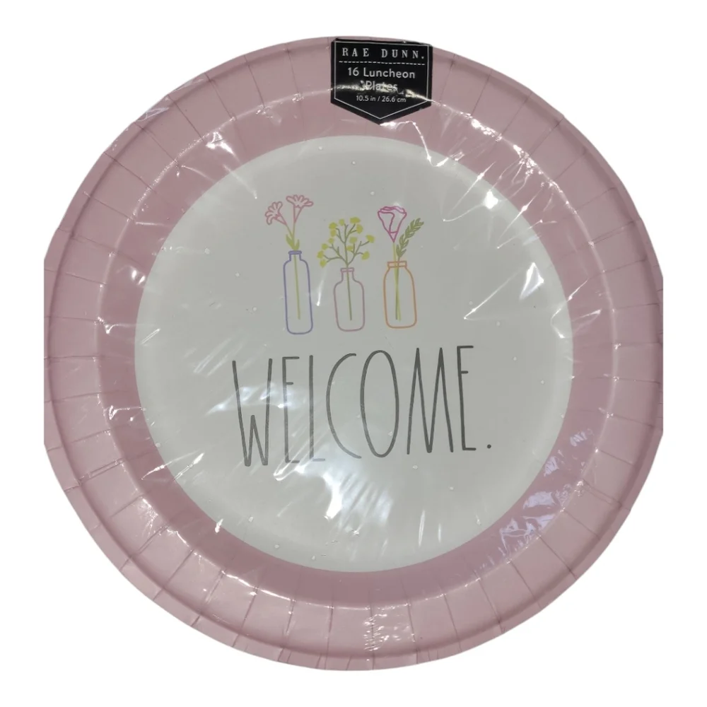 Rae Dunn Welcome Party Plates and Napkins - Pink, White, and Black